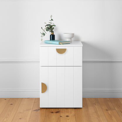 PORTO BEDSIDE TABLE - WHITE - VJ PANEL - HALF MOON BRASS