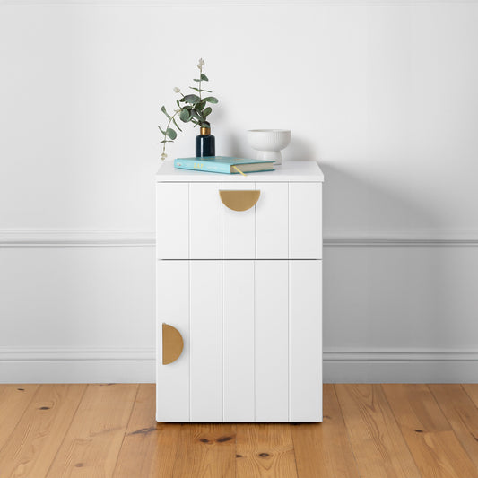 PORTO BEDSIDE TABLE - WHITE - VJ PANEL - HALF MOON BRASS