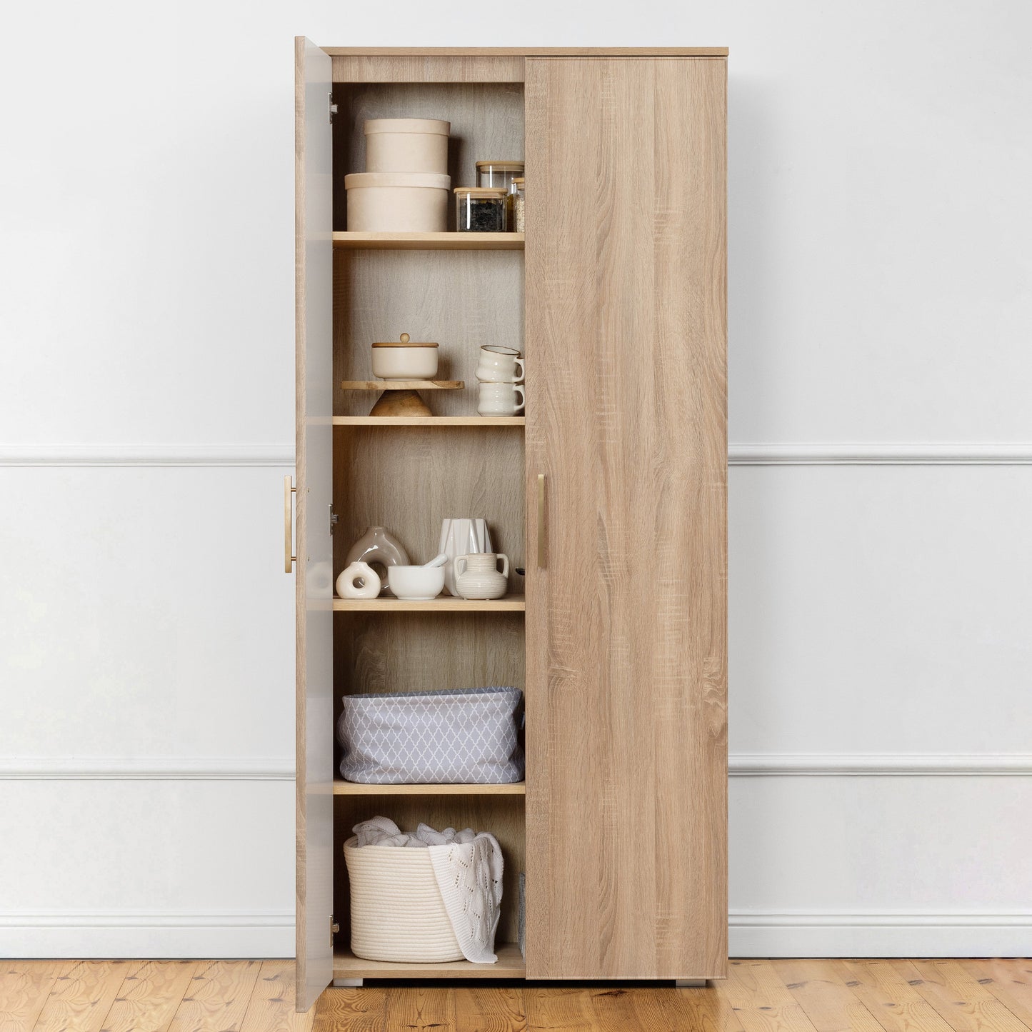 STOCKHOLM STORAGE CUPBOARD SLIM - NATURAL OAK - SQUARE BRASS