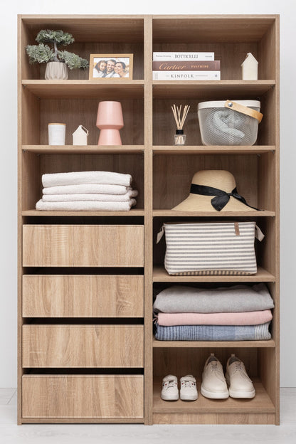 GENEVA THREE SHELF/FOUR DRAWER BUILT IN WARDROBE - SLIM SHAKER - NATURAL OAK