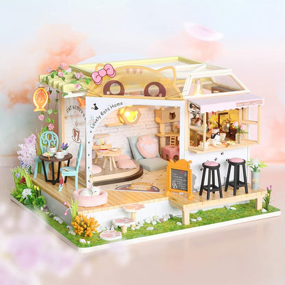 Dollhouse Miniature with Furniture Kit Plus Dust Proof and Music Movement - Cat Coffee (Valentine's Day Gift Idea)