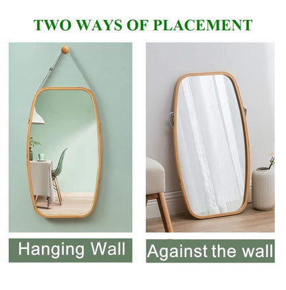 Hanging Full Length Wall Mirror - Solid Bamboo Frame and Adjustable Leather Strap for Bathroom and Bedroom