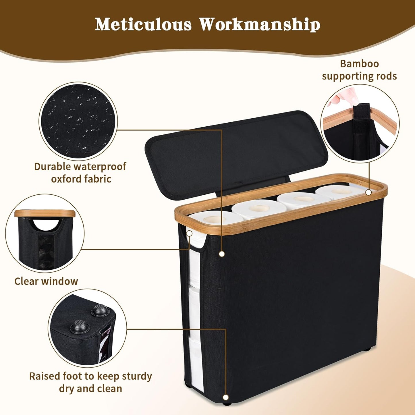 CARLA HOME 2 pack Toilet Paper Storage Basket Holds Up to 12 Rolls with Bamboo Lid and Handle for RV Closet (Black)