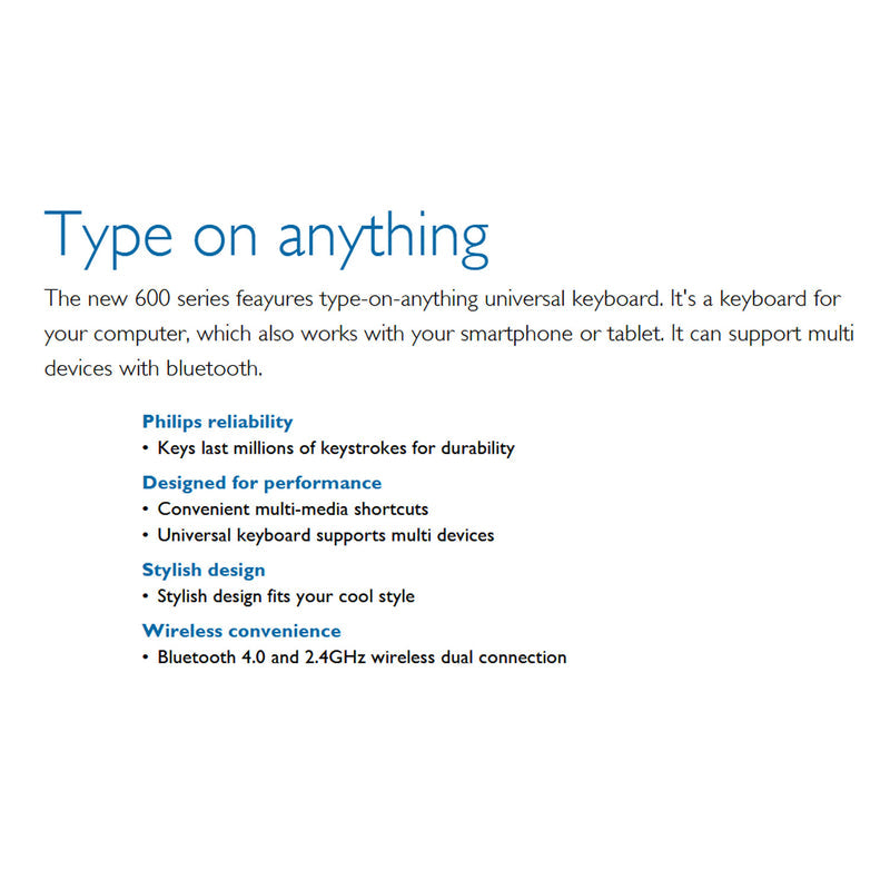 Philips Wireless Compact Keyboard BT 2.4Ghz Bluetooth Multi Device SPK6624