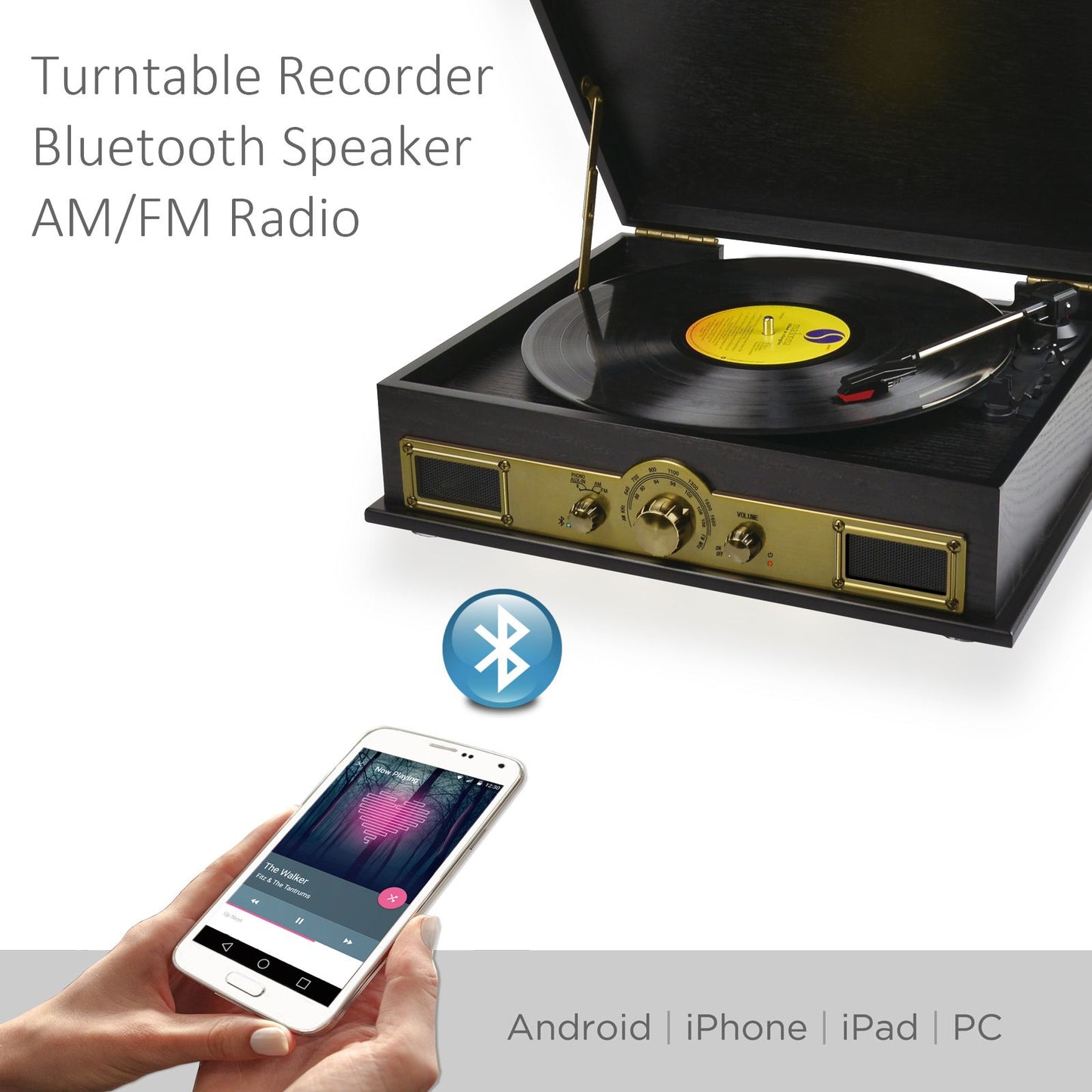 mbeat Vintage Wood Turntable with Bluetooth Speaker, AM/FM Radio