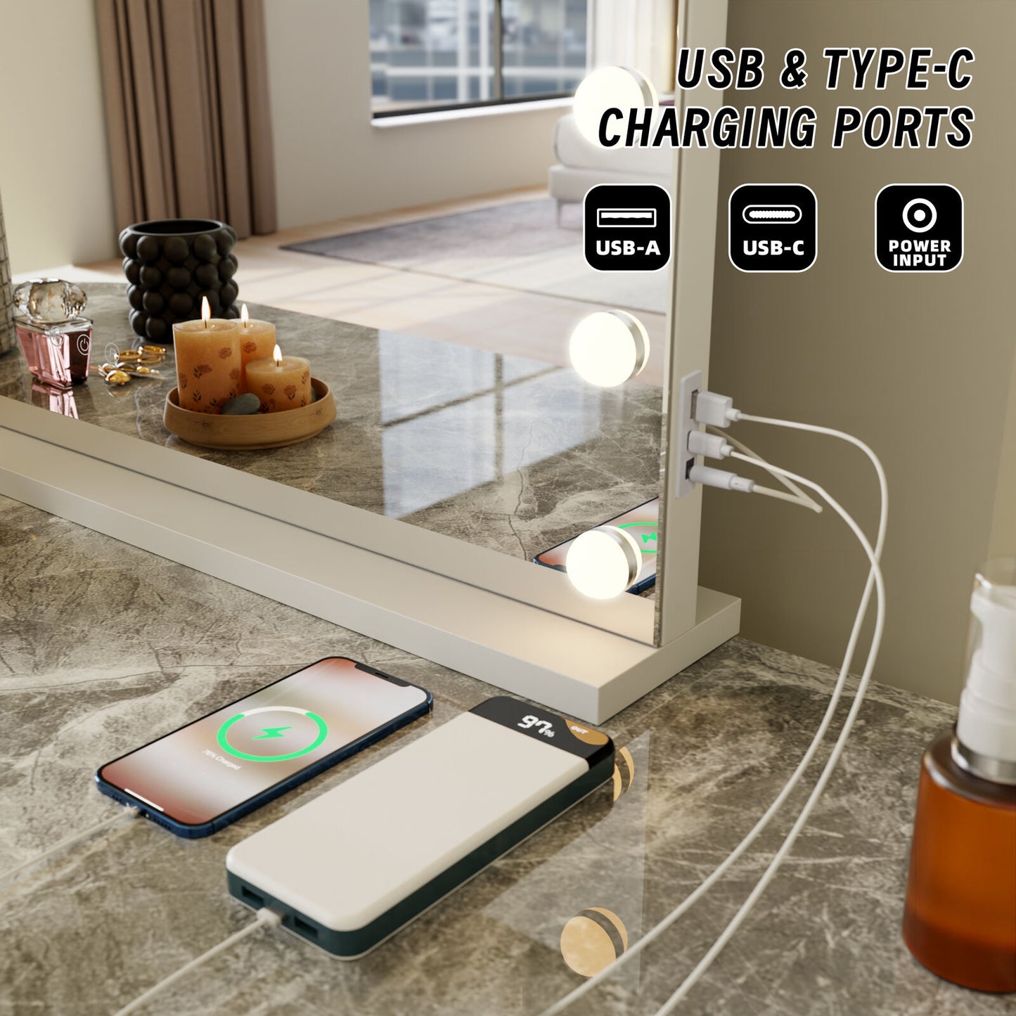 Beauty Mirror with 18 LED Bulbs, Colour Settings, White Frame,  and USB A and C Ports