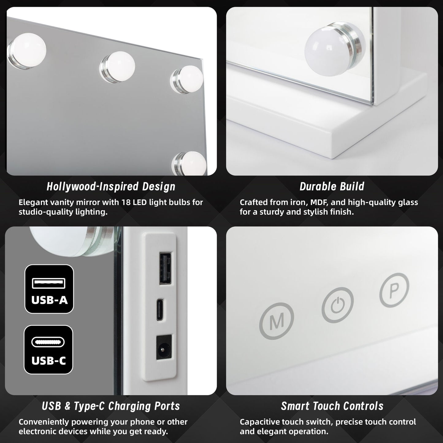 Beauty Mirror with 18 LED Bulbs, Colour Settings, White Frame,  and USB A and C Ports