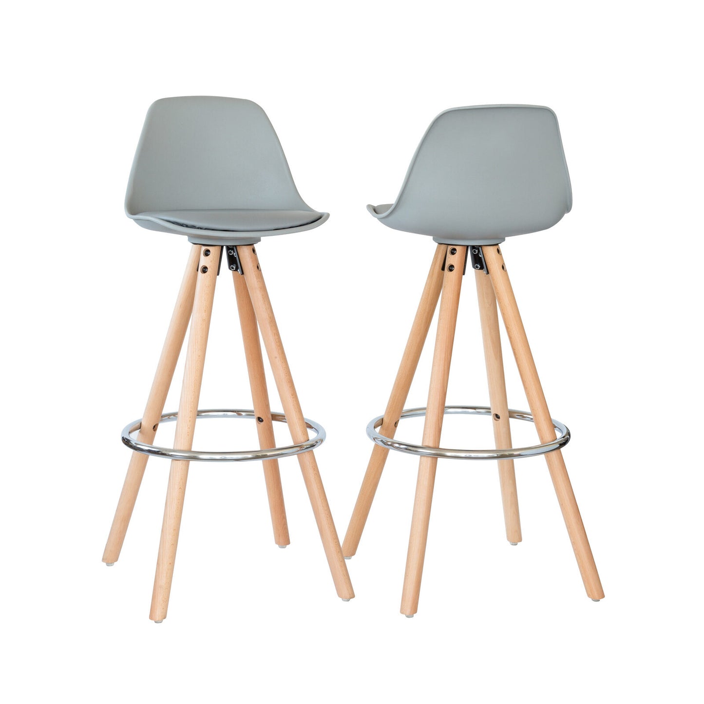 2 PU Leather Padded Barstools (Light Grey/Wood) with Metal Footrest