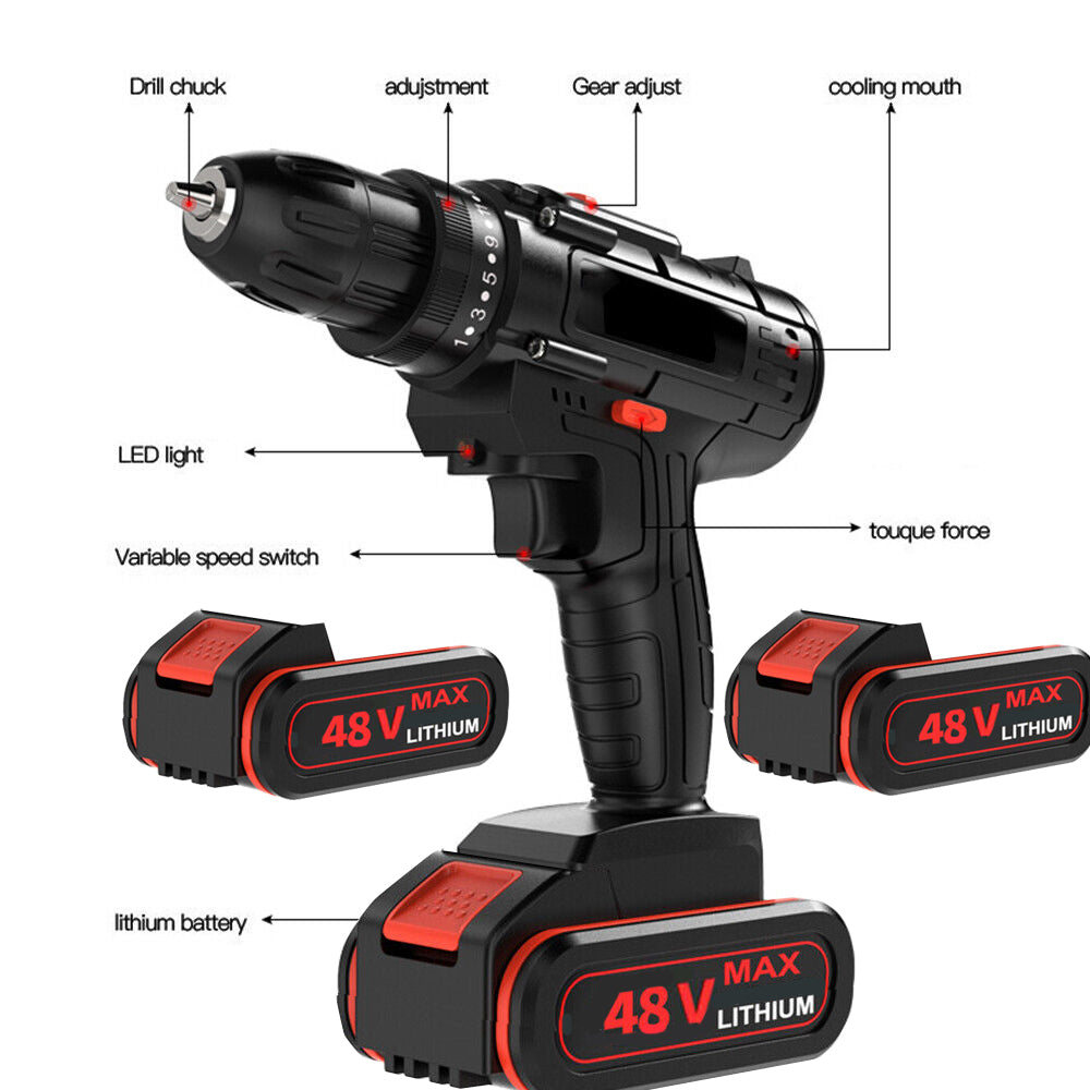 48V BRUSHLESS HEAVY DUTY CORDLESS DRILL IMPACT DRIVER KIT HAMMER +2 BATTERY Box