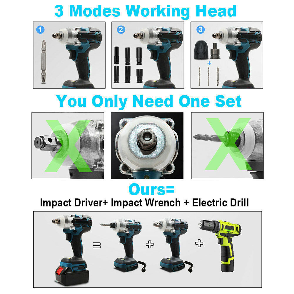 Cordless Electric Impact Wrench Brushless Rattle Gun 1/2" Driver +Large Battery