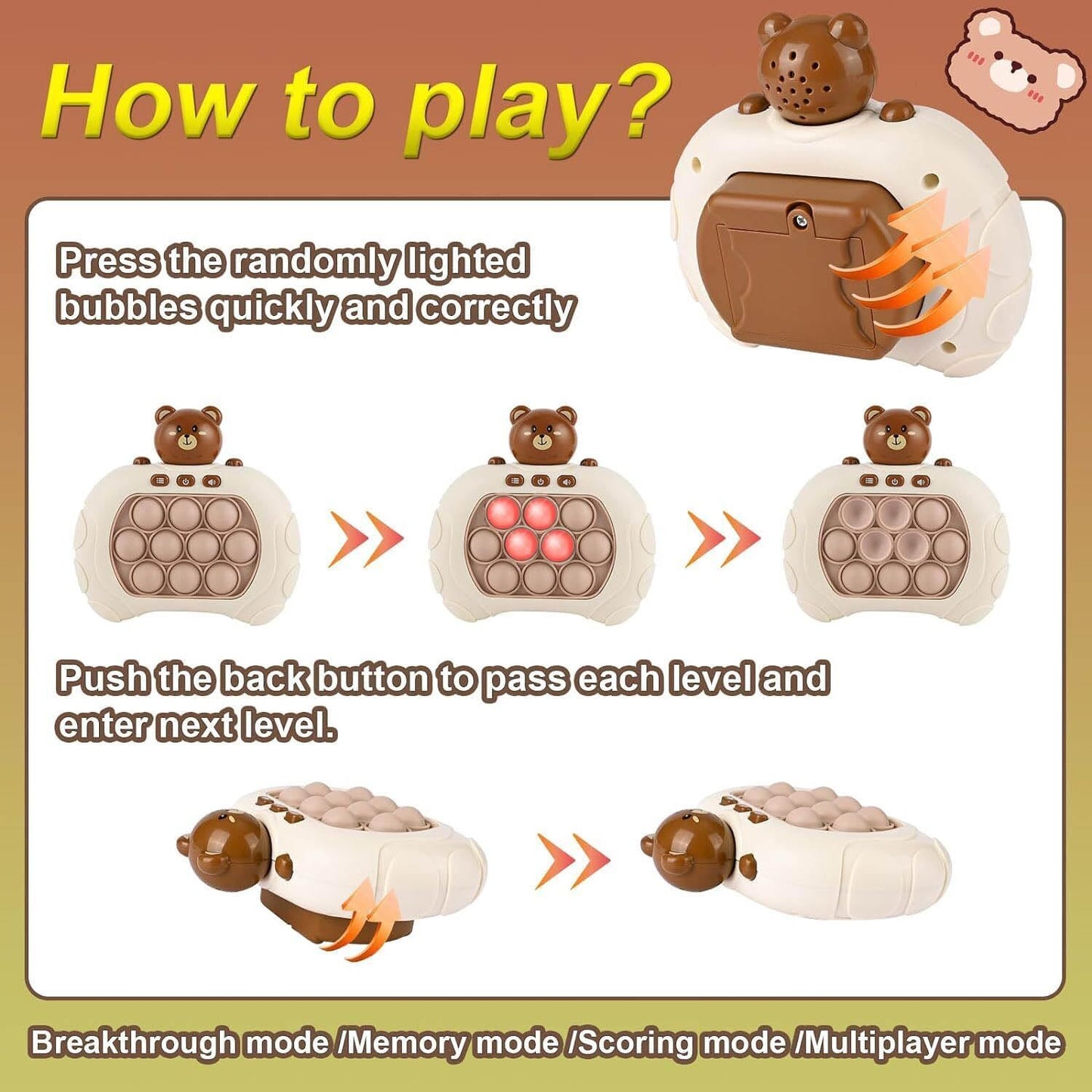 Rechargeable 3 Types Pop Push it Game Controller Sensory Fidget Toy Electronic Whack Mole brown