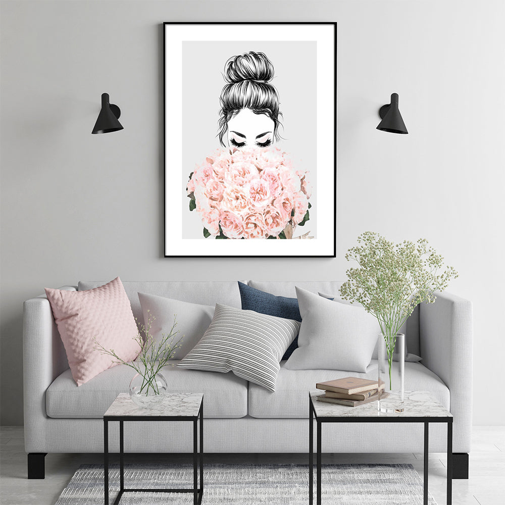 Wall Art 40cmx60cm Roses Girl Black Frame Canvas