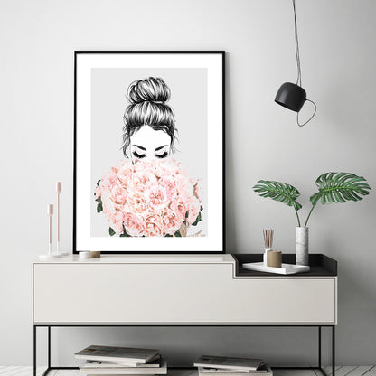 Wall Art 90cmx135cm Roses Girl Black Frame Canvas