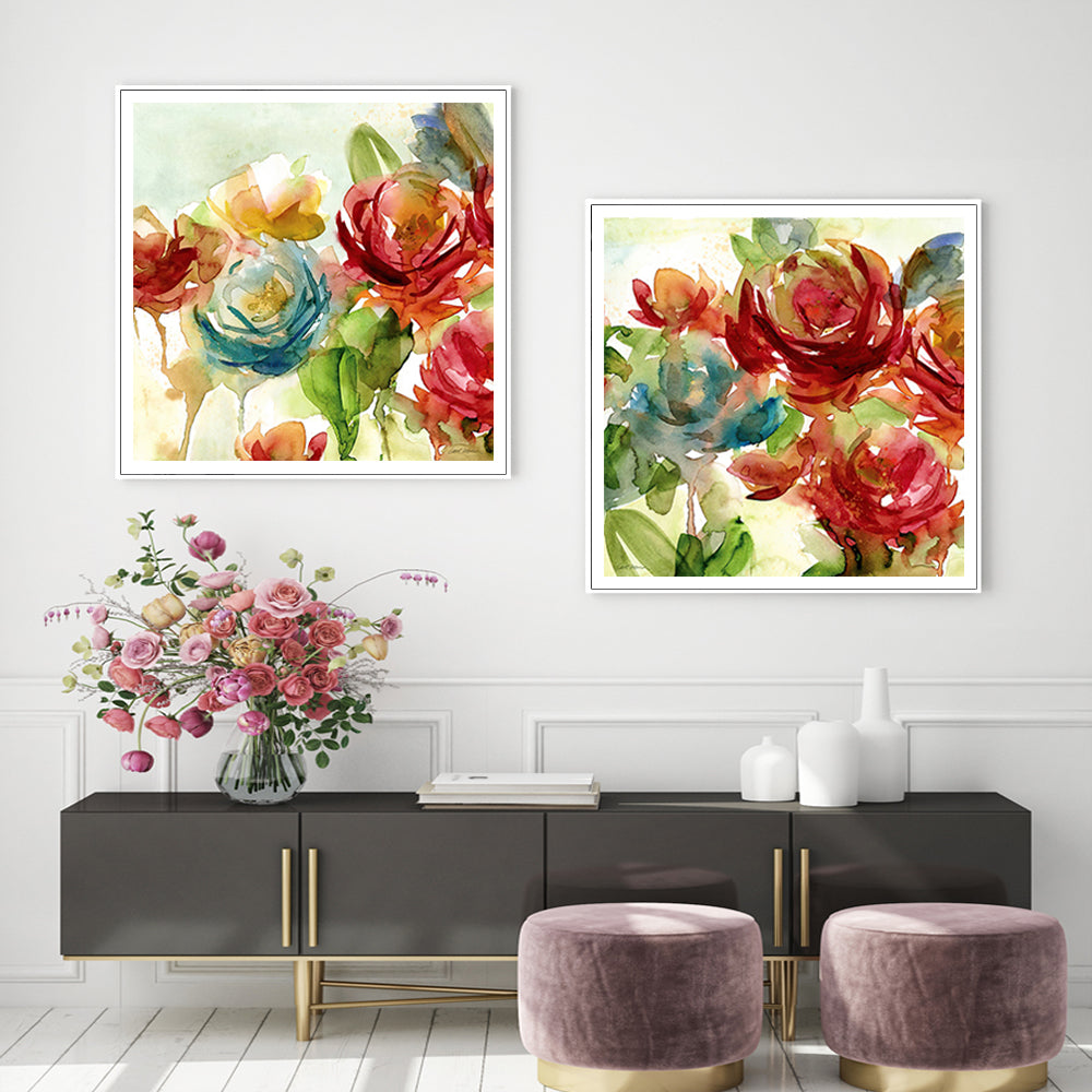 Wall Art 80cmx80cm Rosewater Garden By Carol Robinson 2 Sets White Frame Canvas