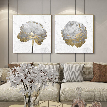 Wall Art 100cmx100cm Gold And White Blossom On White 2 Sets Gold Frame Canvas