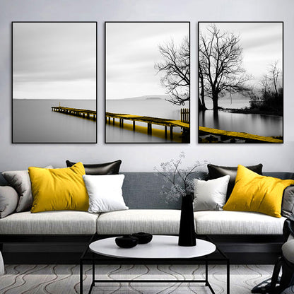 Wall Art 70cmx100cm Calm Lake Bridge Tree Scene 3 Sets Black Frame Canvas