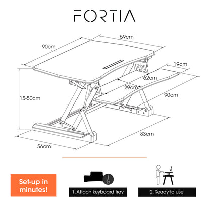 FORTIA Desk Riser 90cm Wide Adjustable Sit to Stand, for Dual Monitor, Keyboard, Laptop, White