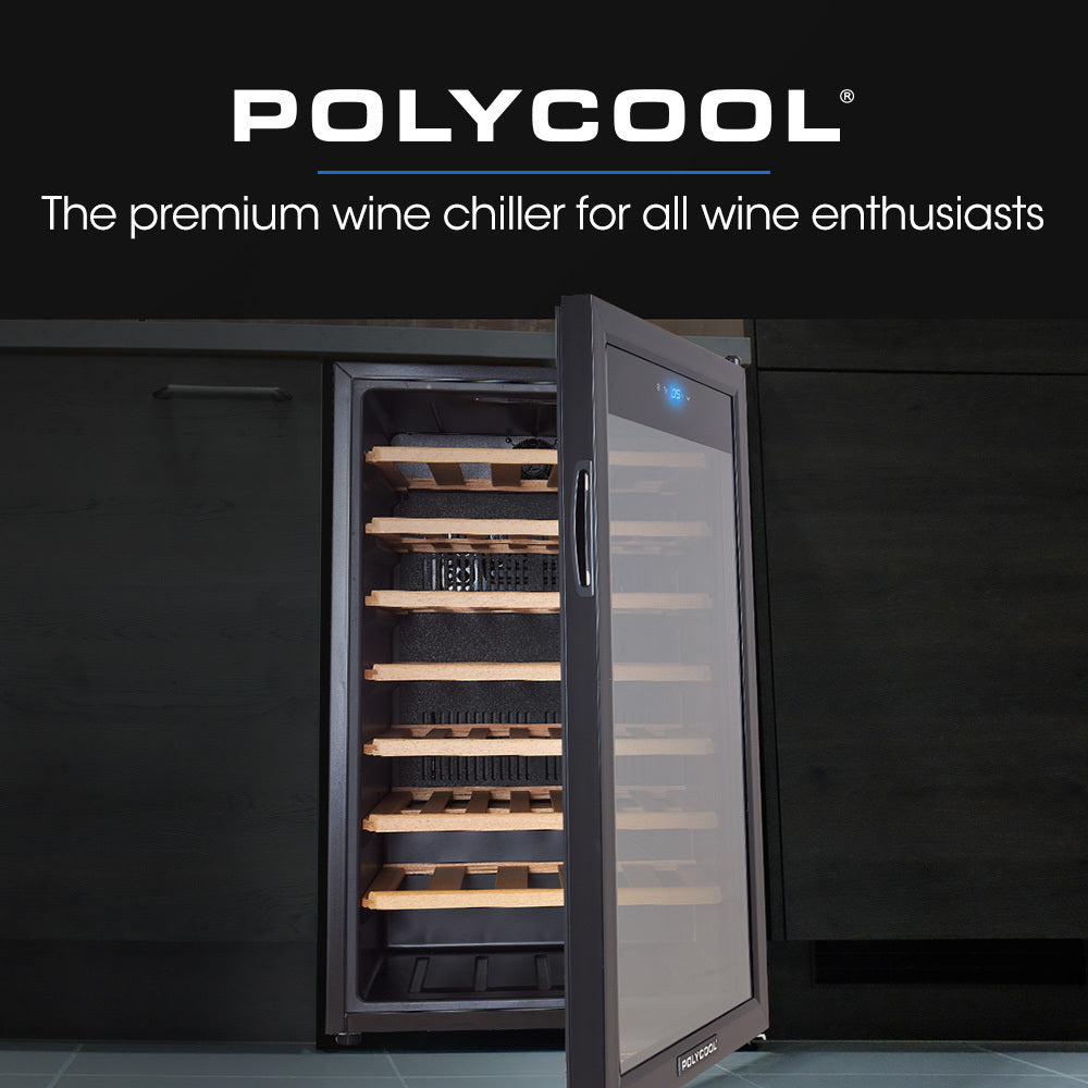 POLYCOOL 128L 51 Bottle Wine Bar Fridge Under Bench Cooler Compressor Glass Door, Black