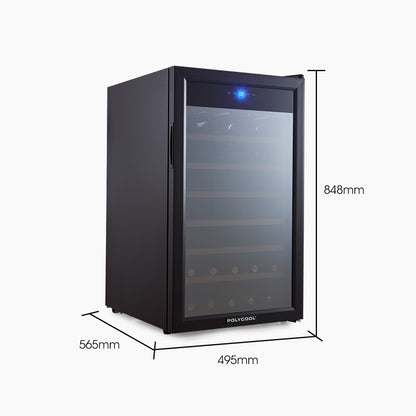 POLYCOOL 128L 51 Bottle Wine Bar Fridge Under Bench Cooler Compressor Glass Door, Black