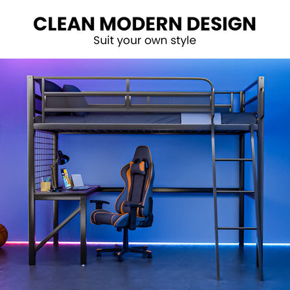 Gaming Loft Bed with Desk, Gridwall, Steel Metal Frame, Space Saving Design, for Single Mattress, Matte Dark Grey