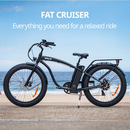 VALK Electric Fat Tyre Cruiser Bike, eBike with Throttle, Matte Black