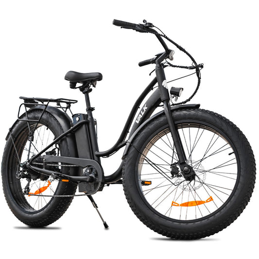 Valk Electric Fat Tyre Cruiser Bike, with Throttle, Step-Through eBike, Matte Black