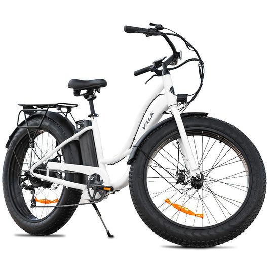 VALK Electric Fat Tyre Cruiser Bike, with Throttle, Step-Through eBike, White