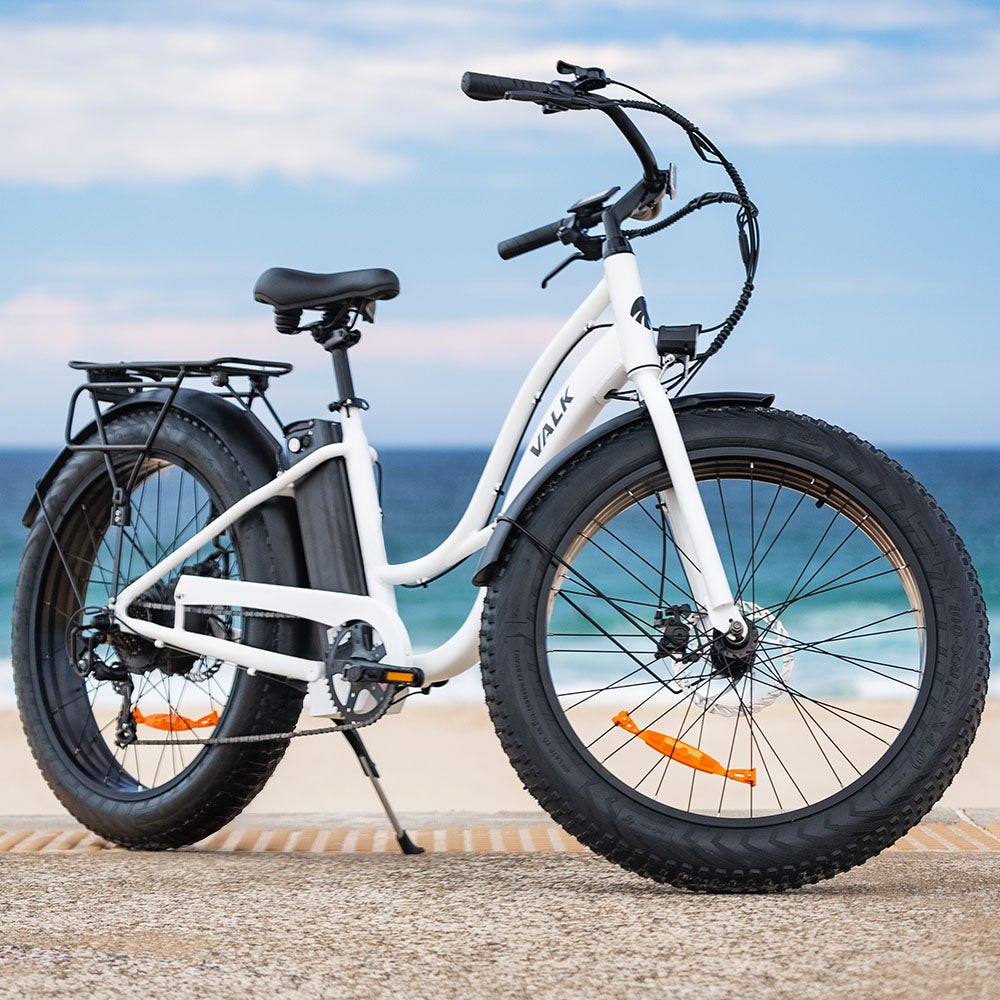 VALK Electric Fat Tyre Cruiser Bike, with Throttle, Step-Through eBike, White