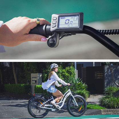 VALK Electric Fat Tyre Cruiser Bike, with Throttle, Step-Through eBike, White