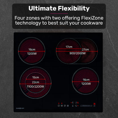 EuroChef 60cm 4 Zone Ceramic Cooktop, 6600W Electric, FlexiZone Adjustable Size Hobs, Touch Controls