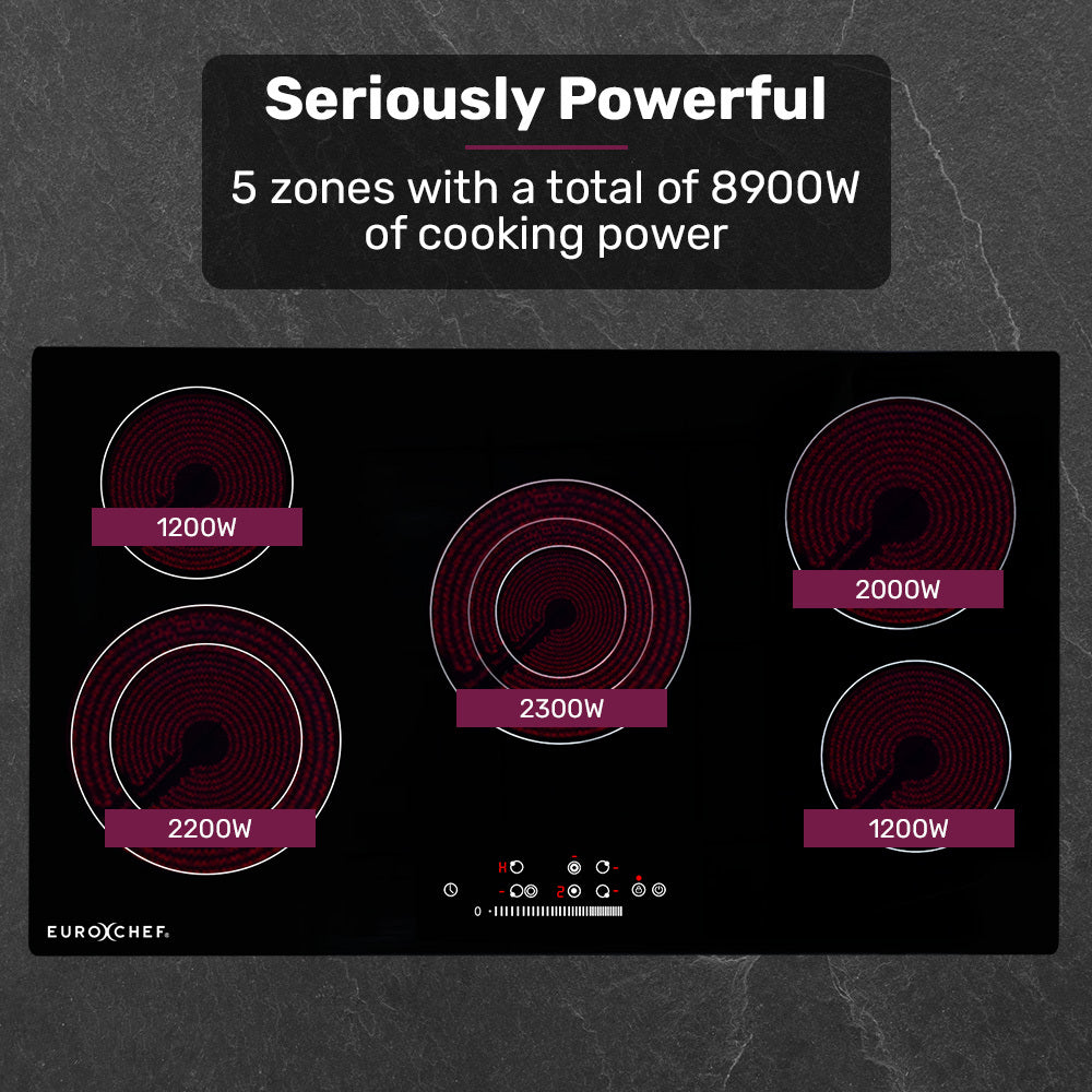 EuroChef 90cm 5 Zone Ceramic Cooktop, 8900W Electric, FlexiZone Adjustable Size Hobs, Touch Controls