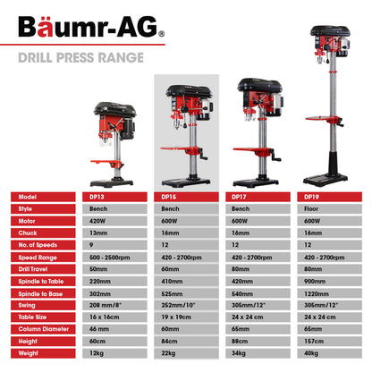 Baumr-AG DP15 600W 10" Pedestal Bench Drill Press, 12 Speeds, 16mm Chuck (DP15 II)