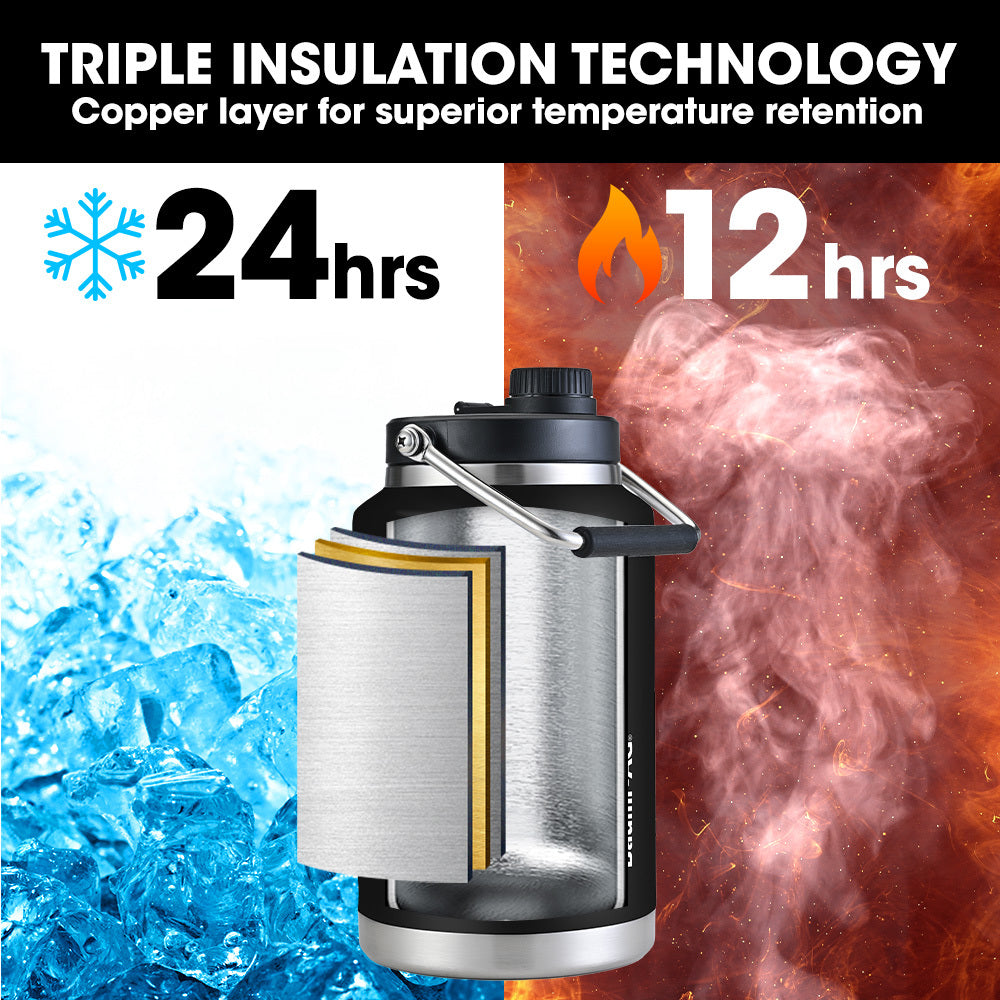 BAUMR-AG 3.8L Double Wall Insulated Stainless Steel Water Bottle, Drink Jug with Handle, Black