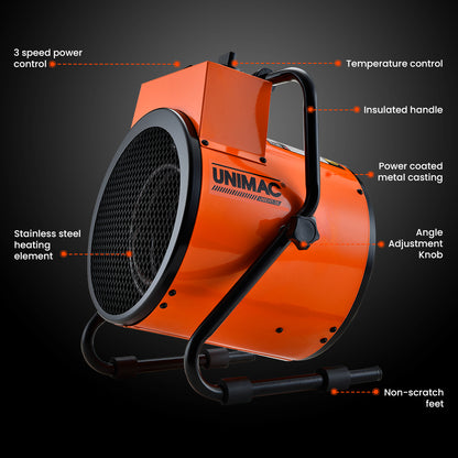 UNIMAC 2400W Electric Space Heater Portable Small Fan Workshop Warehouse Blow Industrial Heating