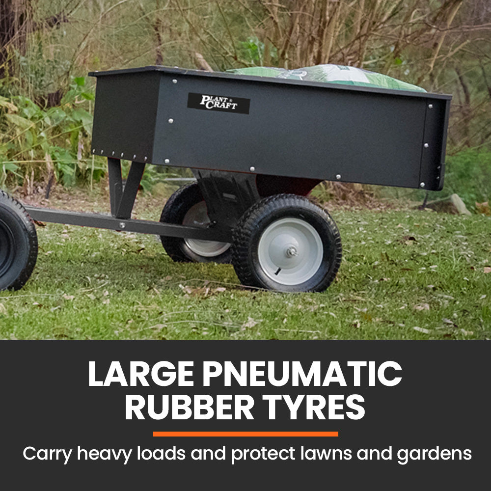 PLANTCRAFT 270kg Capacity Metal Dump Cart Garden Lawn Yard Farm Trolley, Tow Behind Ride on Mower