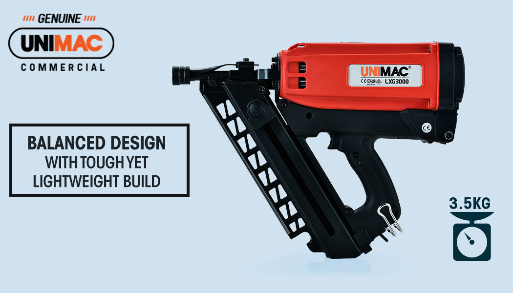 UNIMAC LXG3000 MkII 50-90mm 34-Deg Gas Framing Nail Gun, Commercial Brushless Gas Nailer, with 2 Li-Ion Batteries