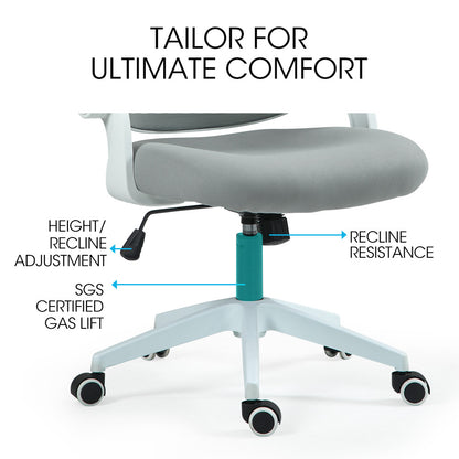 Fortia Ergonomic Office Desk Chair, Coolmesh Fabric, Adjustable Recline, Grey Mesh/White Frame