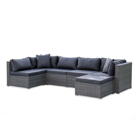 LONDON RATTAN 6 Seater Modular Outdoor Lounge Setting with Ottoman, Grey