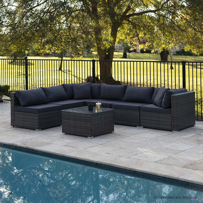 LONDON RATTAN 7 Piece 6 Seater Modular Outdoor Lounge Setting with Coffee Table, Grey