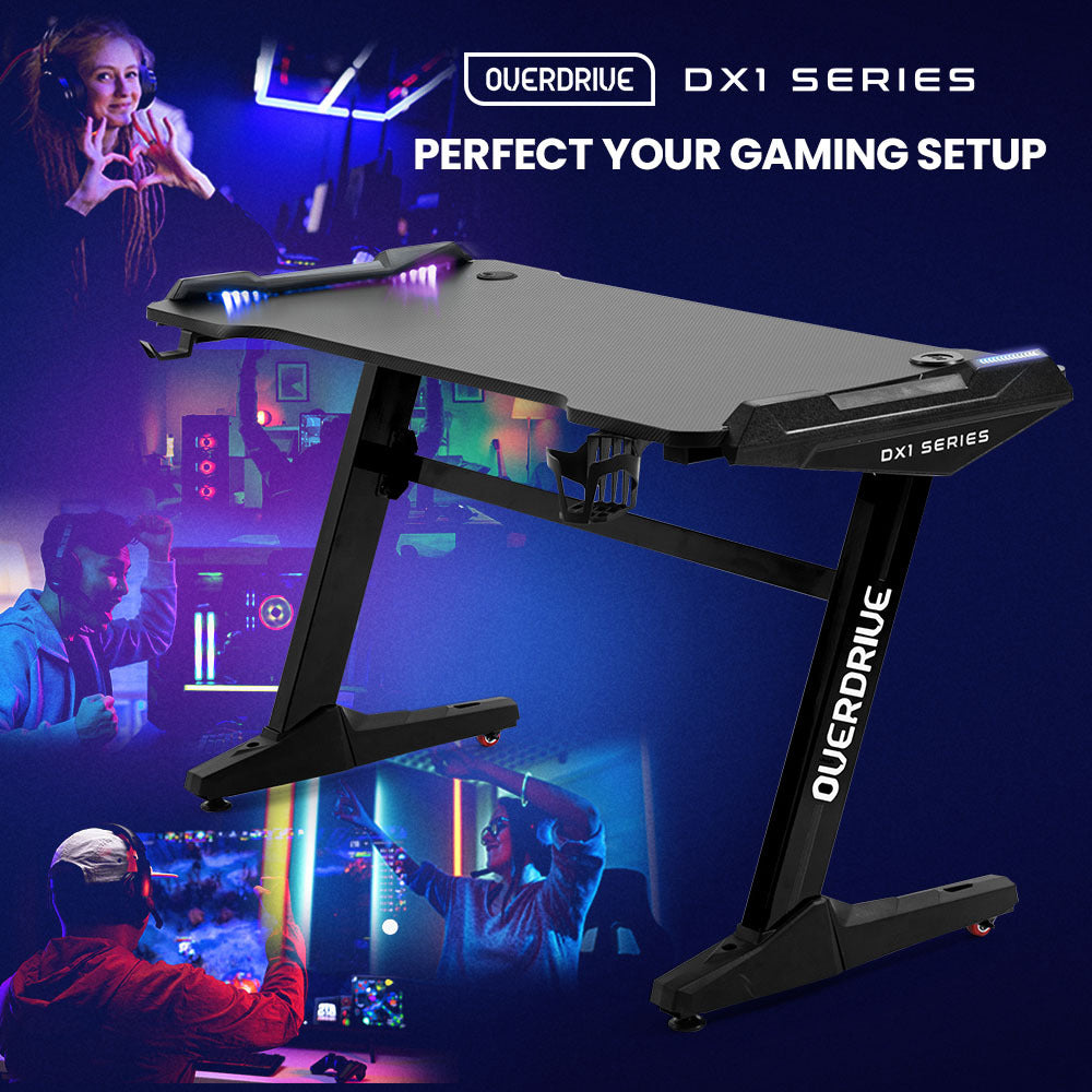 OVERDRIVE Gaming Desk, 120x60cm, Carbon Fiber Styling, LED Lights, Headset Hanger, Cup Holder, Cable Management, Black