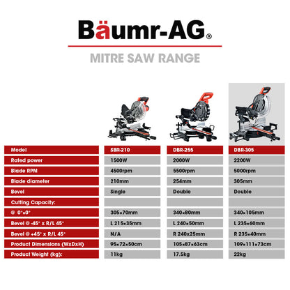 BAUMR-AG 305mm Compound Mitre Saw Dual Bevel Sliding Drop Saws 2200W
