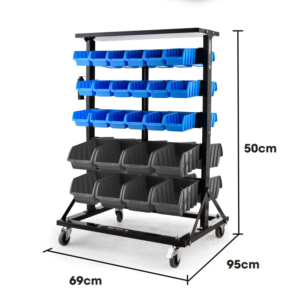 BAUMR-AG 52 Parts Bin Rack Storage System Mobile Double-Sided - Blue