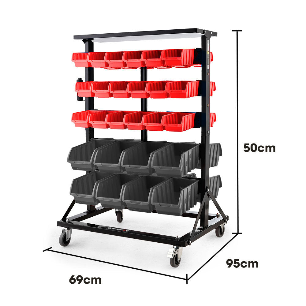 BAUMR-AG 52 Parts Bin Rack Storage System Mobile Double-Sided - Red