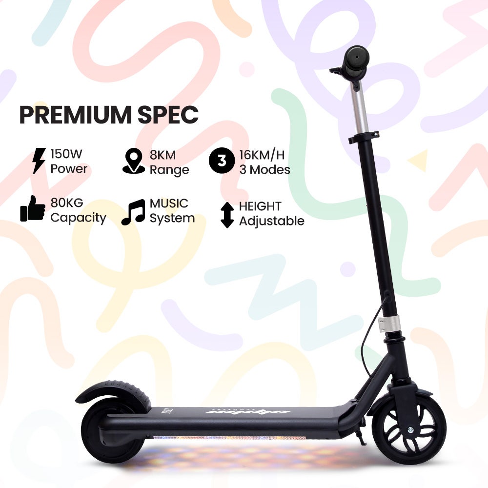ALPHA Edge Electric Scooter, Kids & Teens, Adjustable Handlebars, 3 Speed Modes, Dual Foot E-Brake, Bluetooth Music, LED, Black