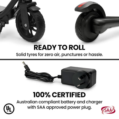 ALPHA Edge Electric Scooter, Kids & Teens, Adjustable Handlebars, 3 Speed Modes, Dual Foot E-Brake, Bluetooth Music, LED, Black