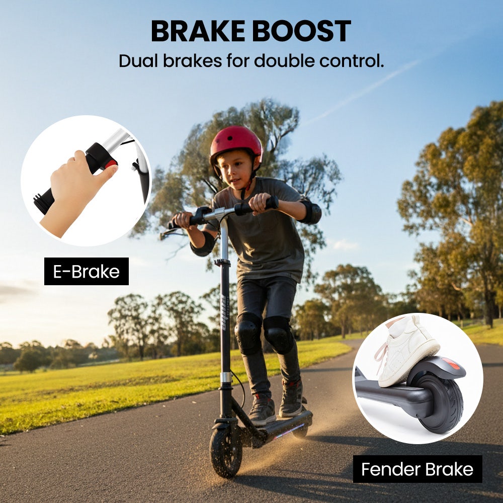 ALPHA Edge Electric Scooter, Kids & Teens, Adjustable Handlebars, 3 Speed Modes, Dual Foot E-Brake, Bluetooth Music, LED, Black