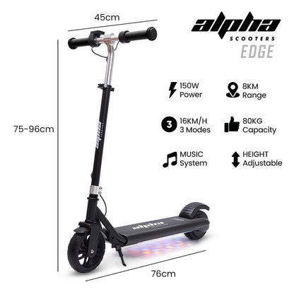 ALPHA Edge Electric Scooter, Kids & Teens, Adjustable Handlebars, 3 Speed Modes, Dual Foot E-Brake, Bluetooth Music, LED, Black