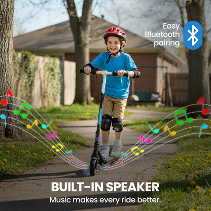 ALPHA Edge Electric Scooter, Kids & Teens, Adjustable Handlebars, 3 Speed Modes, Dual Foot E-Brake, Bluetooth Music, LED, Blue