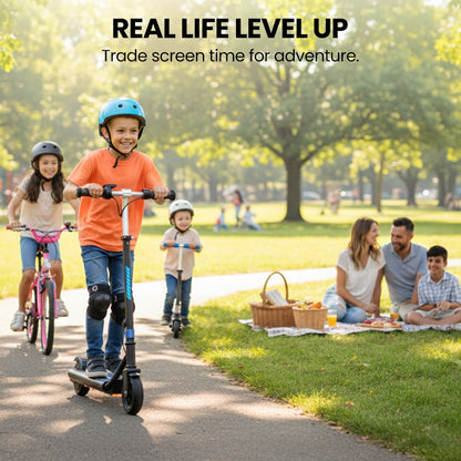 ALPHA Edge Electric Scooter, Kids & Teens, Adjustable Handlebars, 3 Speed Modes, Dual Foot E-Brake, Bluetooth Music, LED, Blue