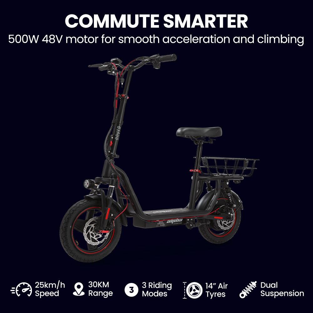 ALPHA Rover Electric Scooter with Seat, 500W 48V 25km/h 30km Range, 14-inch Tyres, Motorised Commuter eScooter for Adults, Black